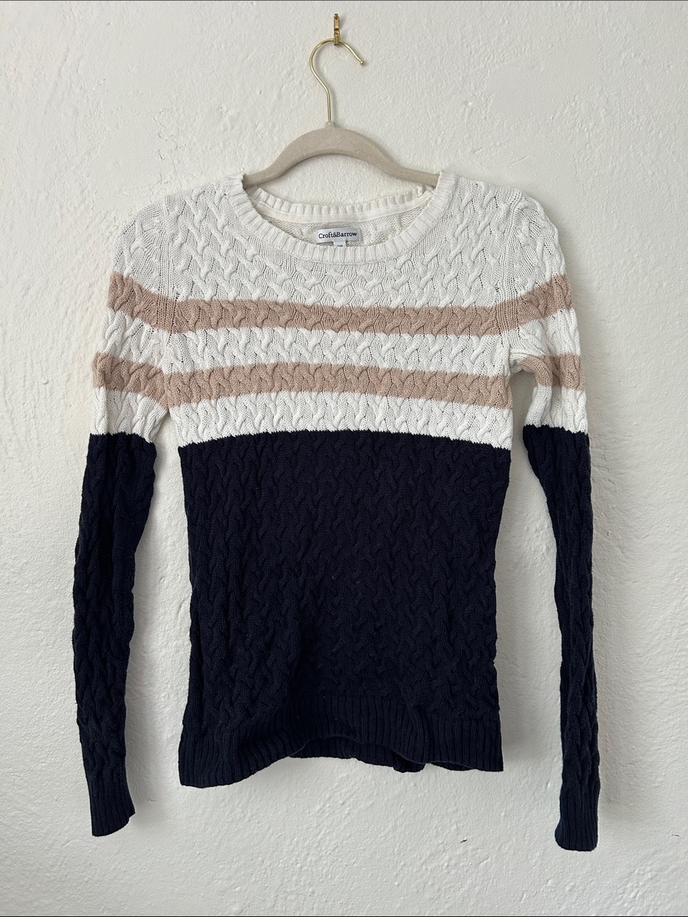 croft & barrow Navy, White & Tan Striped Cable-Knit Crew Sweater